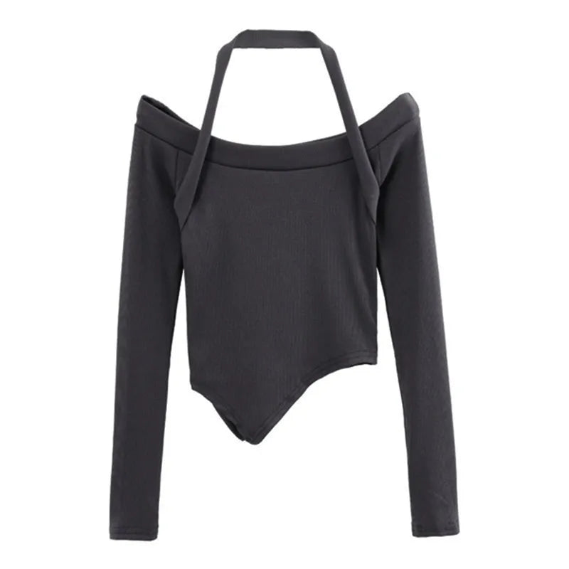 2024 Sexy Halter Off Shoulder Crop Tops Woman Long Sleeve Black Kpop Y2K T-shirt Women Slim Sexy Vintage Tee Shirt New Autumns