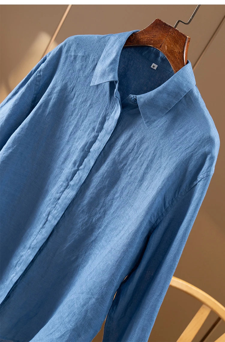 100% Linen Simple French High-quality Long-sleeved Shirt Women Autumn New  Shirts for Women  Blusas Mujer De Moda Verano