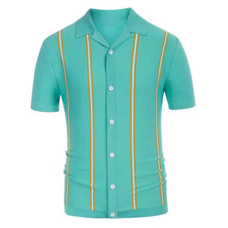 Summer Men Luxury Clothing Knit Short Sleeve Polo Shirt Casual Classics Stripes Lapel Button Slim Fit Cardigan Breathable Tops
