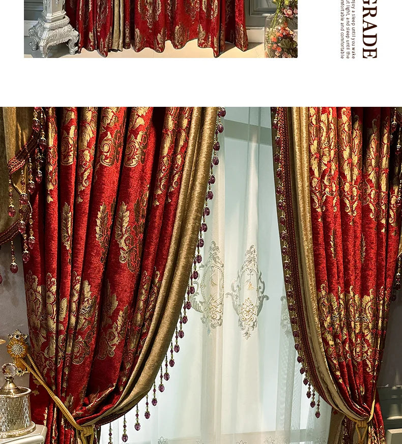 Red Gilded Jacquard Thickened Chenille Patched Curtains for Living Room Bedroom French Window Villa Customization Valance