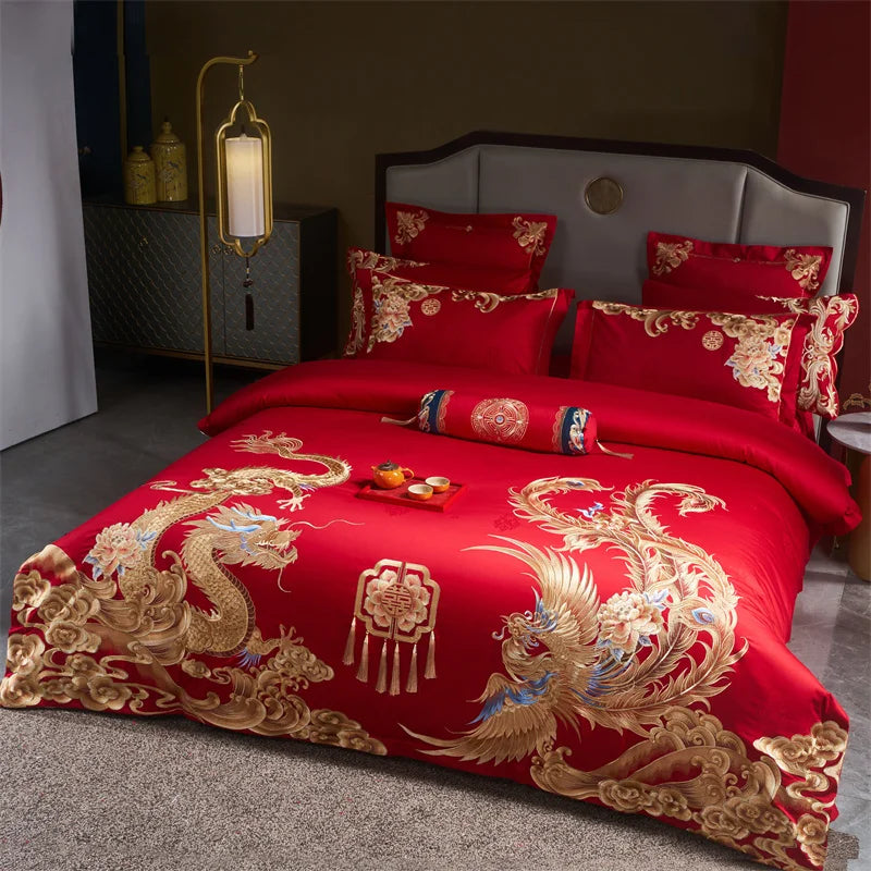 Luxury Gold/Red Loong Phoenix Embroidery Chinese Wedding Tassels Egyptian Cotton Bedding Set Duvet Cover Bed Sheet Pillowcases