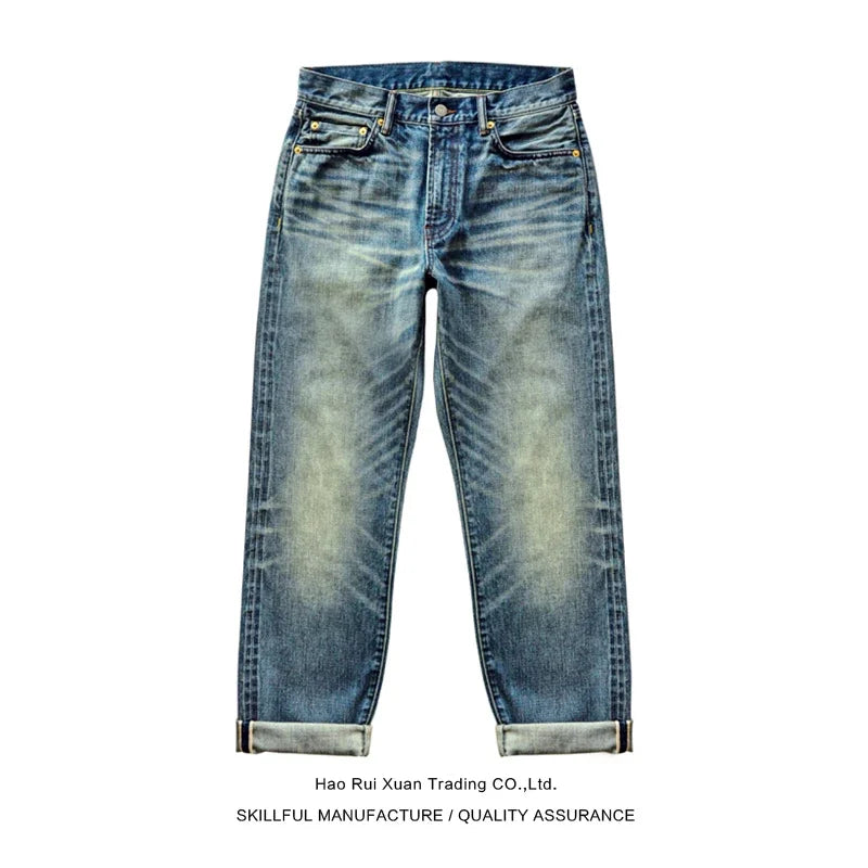 Saucezhan Mens Jeans Distressed  Moustache Effect Wash  Selvedge Denim Jeans  Motorcycle Regular Fit Straight Leg 14 Oz