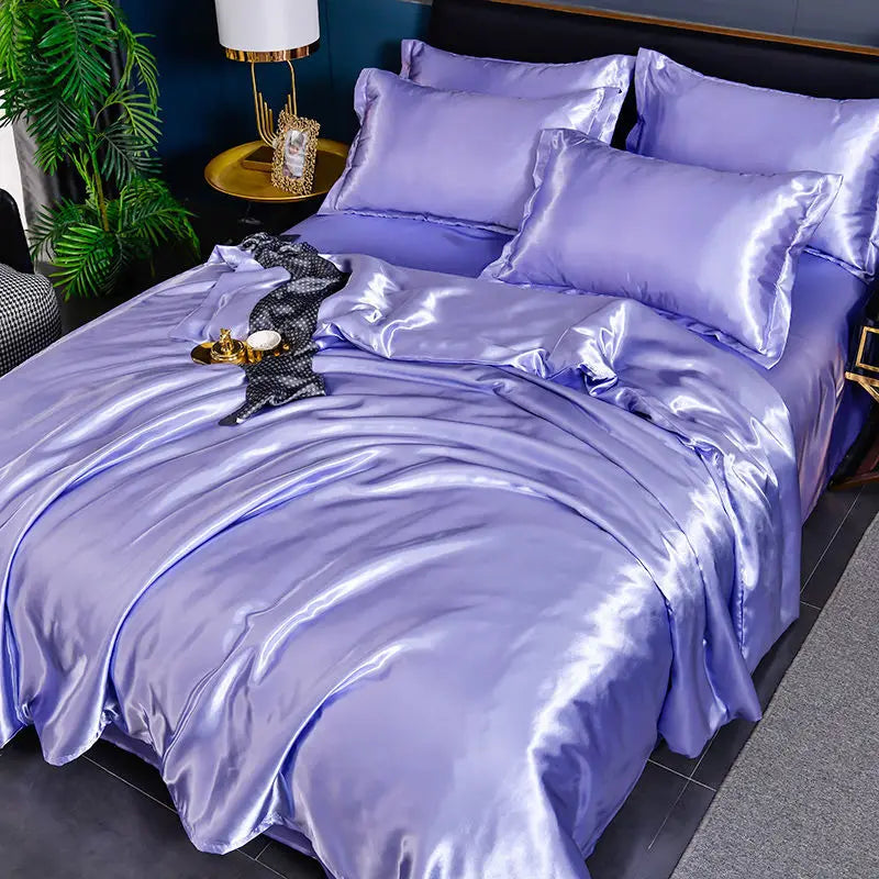 Nordic Silk Bedding Set with Duvet Cover Bed Sheet Pillowcase Luxury Couple Single Double Summer Home Textile Solid Bedsheet