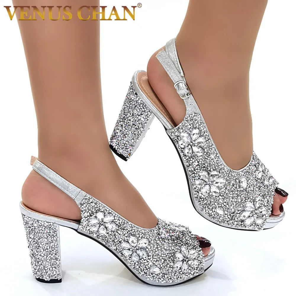 Venus Chan African Fashion Wedding High Heel Sandals 2022 Italian Full Diamond Design Red Color Party Women Shoes