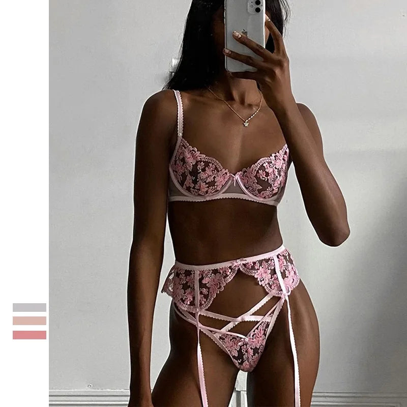 Pink girly lace embroidered bra with underpants summer sexy ultra-thin underwire lingerie underwear set