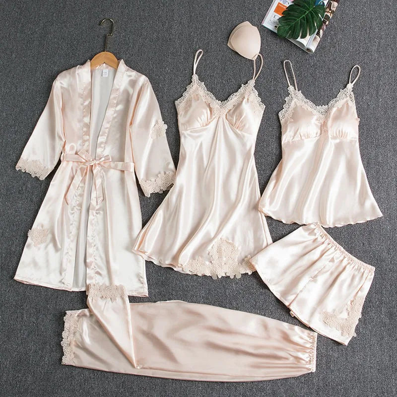 Sleepwear Female 5PCS Pajamas Set Satin Pyjamamas Lace Patchwork Bridal Wedding Nightwear Rayon Home Wear Nighty&Robe Suit