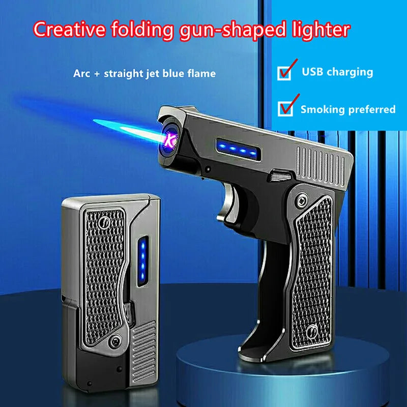 Gas-Electric Dual-Purpose Lighter Windproof Jet Lighter Double-Arc Cigarette Lighter Foldable Gun-Type Lighter Men'S Gadget Gift
