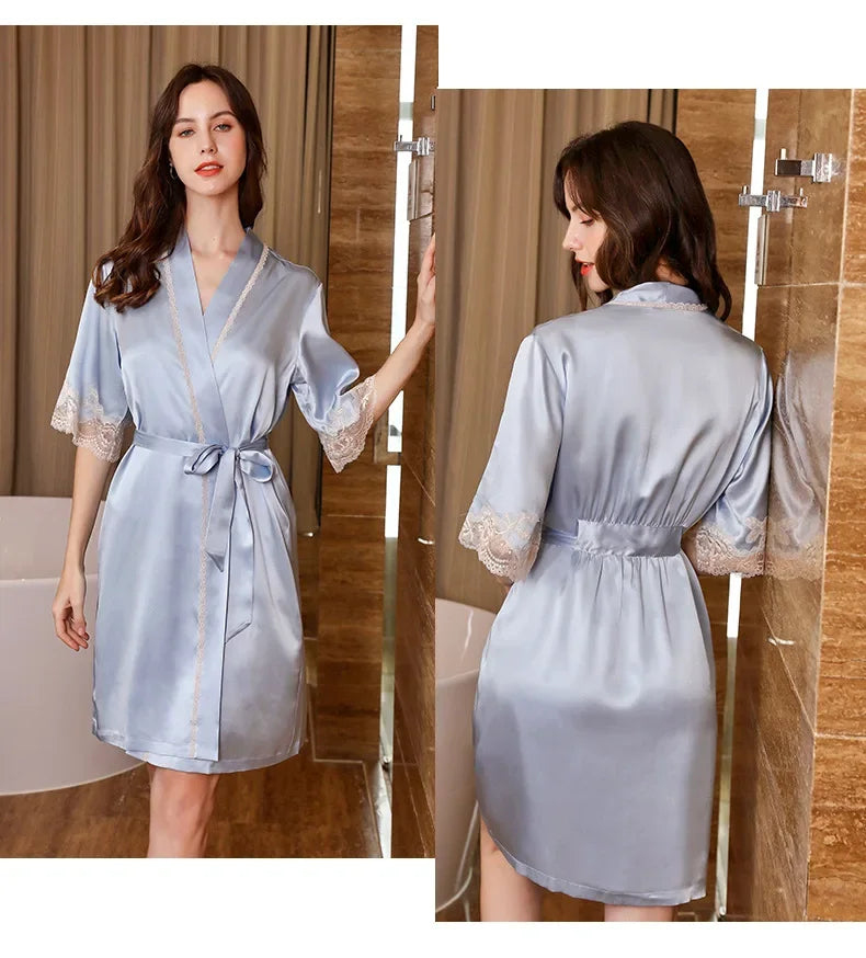 19 momme Pure Silk Lace Chemise Nightgown and Robe Set Ladies Two-Piece Luxury Satin Home Suit for Women Sexy Silk Pajamas Woman