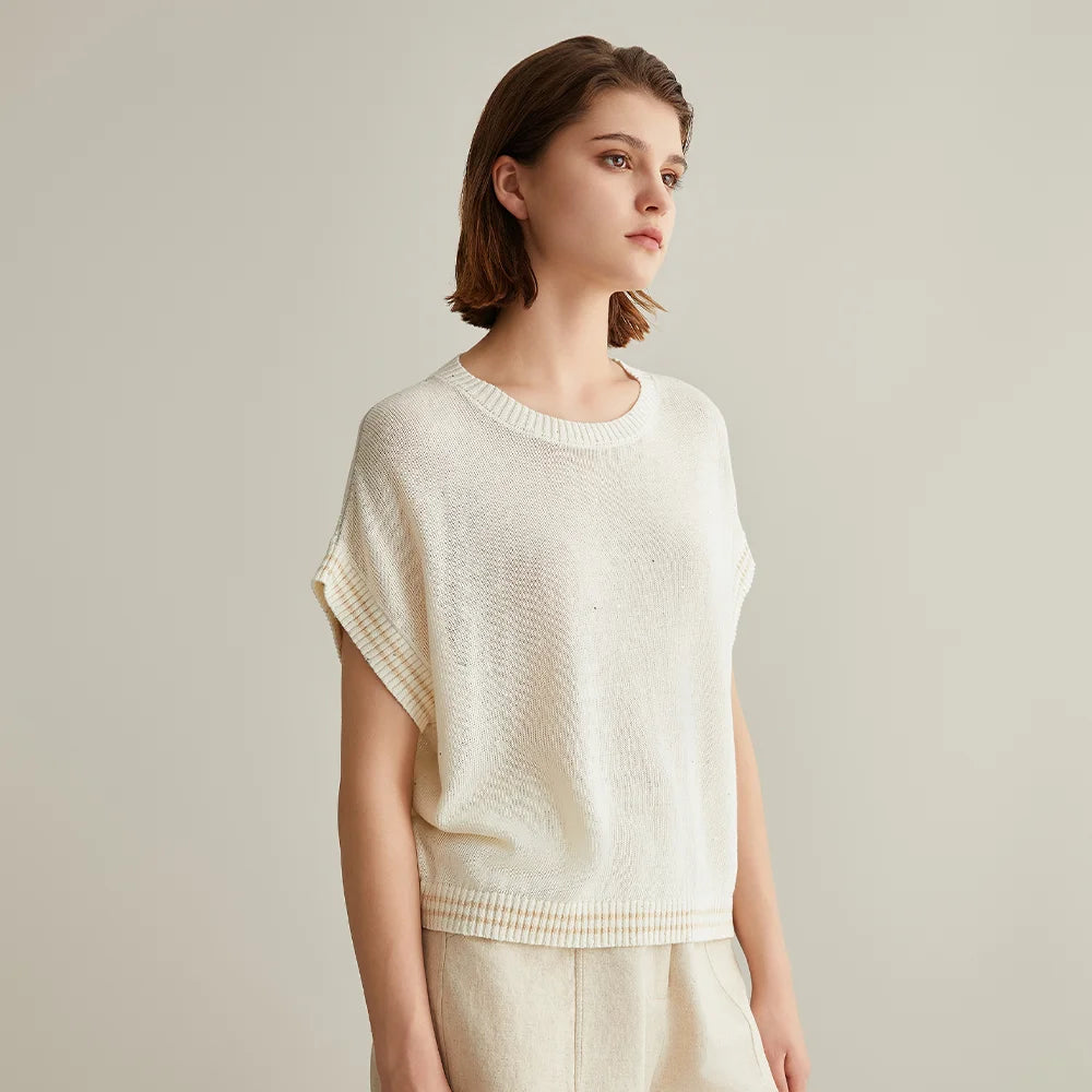 BC656 Western Style Luxury Brand Women's Clothing Summer Sequin Ladies Knitted Pullover 100% Linen Sweaters For Women