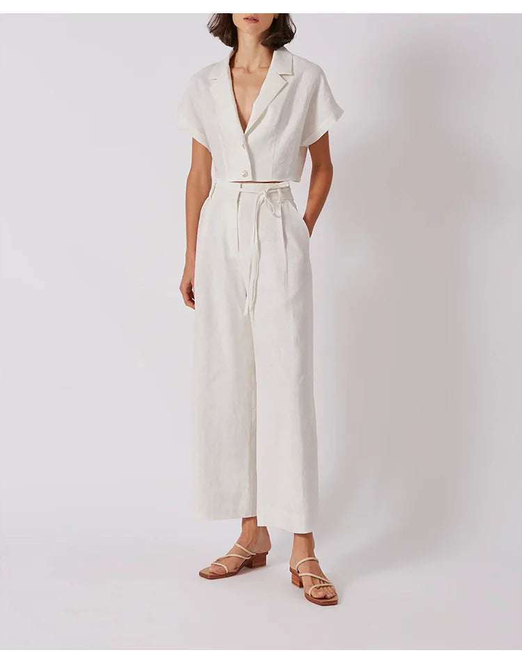 100% Linen Women'S Shirt Vintage Notched Collar Short Sleeve Button Up Shirts Elegant Fashion Woman Blouses 2024 Blusas Feminina