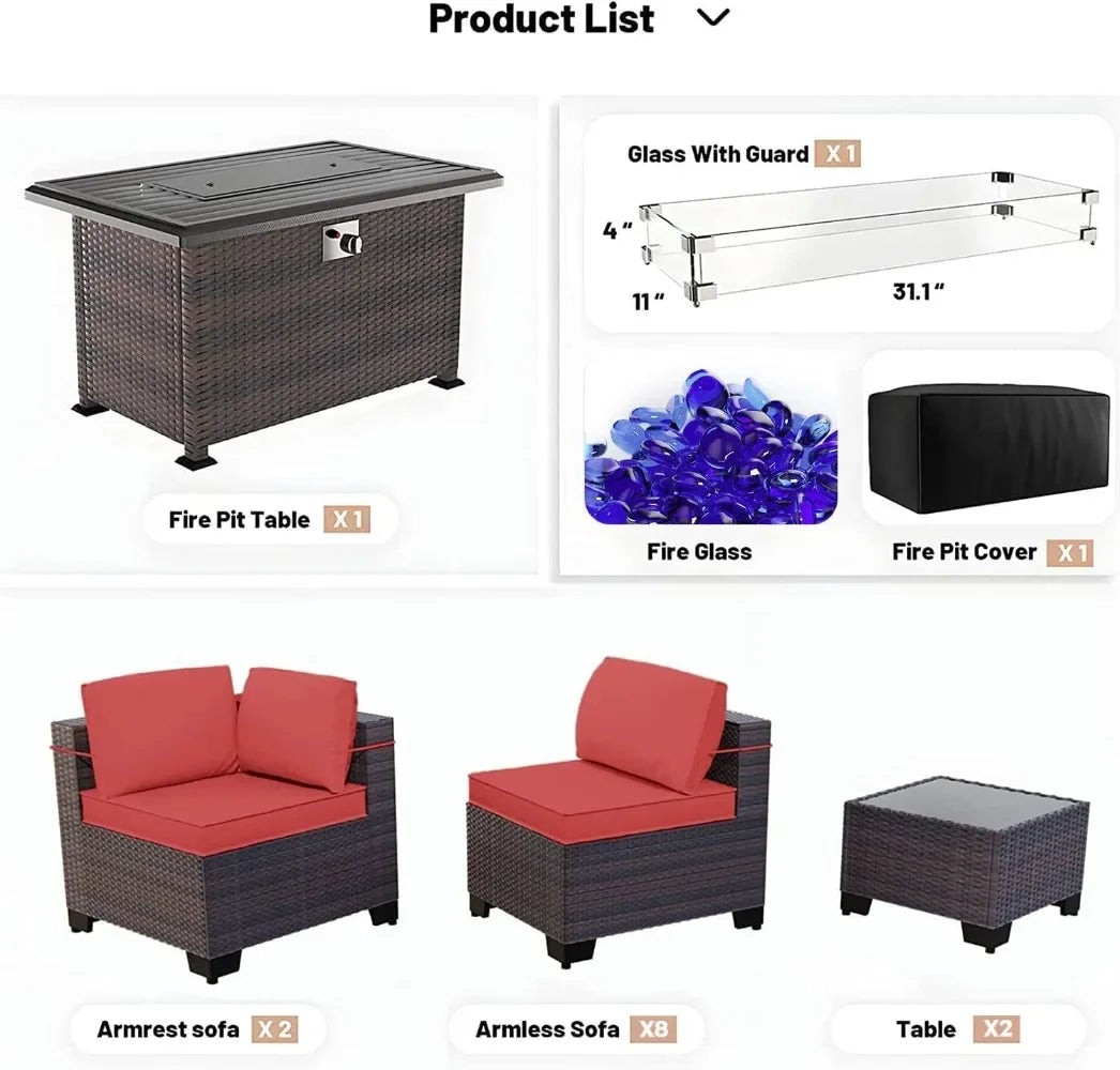 15Pieces Outdoor Patio Furniture Set with 43" Gas Propane Fire Pit Table PE Wicker Rattan Sectional Sofa Patio Conversation Sets