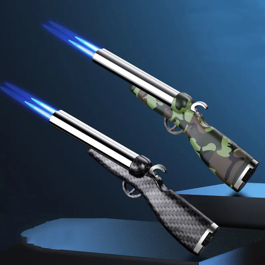 Creative Mini Gun Double Flame Lighter Windproof Double Jet Butane Gas Open Flame Lighter Smoking Accessories Men's Gift