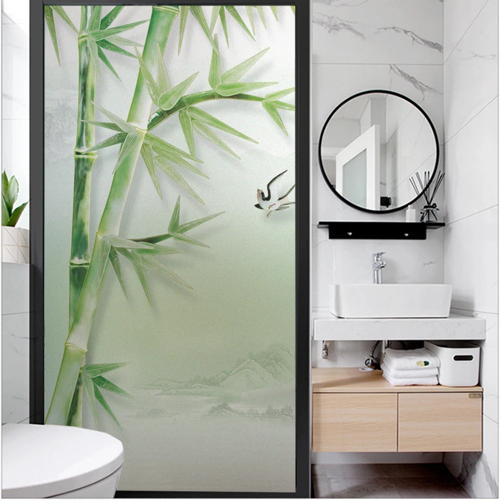 Window Privacy Film UV Blocking Heat Control Window Covering Static Cling Bamboo Pattern Window Sticker for Decoration