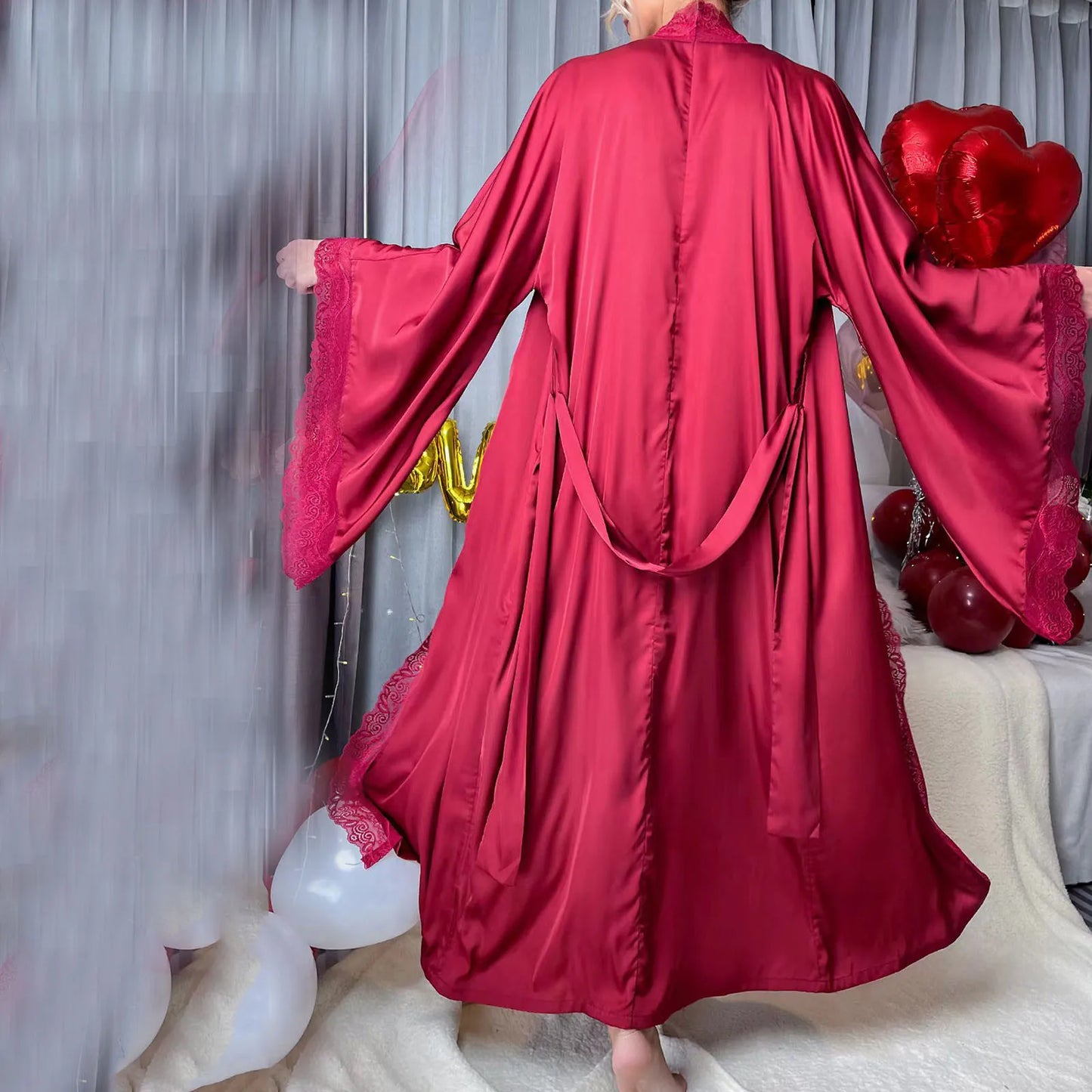 Long Solid Kimono Robe Women Sexy Lace Patchwork Bathrobe Gown Flare Sleeve Sleepwear Nightwear Bride Wedding Robes Loungewear