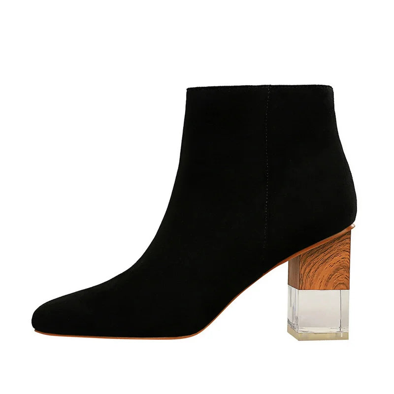 Women Ankle Length Flock Boots Fashion Square Toe High Heel Shoes Winter Ankle Boots Ladies Shoes 298-2