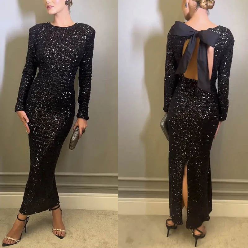 Solid Color Round Neck Women's Dress 2025 Autumn Lady New Party Club Gown Sexy Slim Fit Backless Long Sleeved Shiny Maxi Dresses