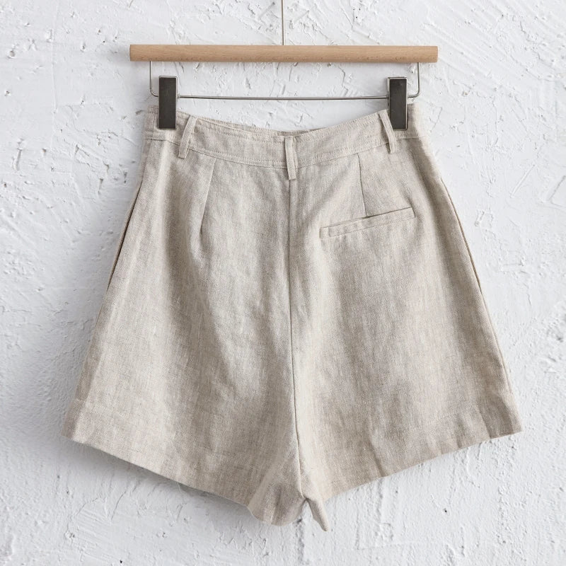 2024 Summer 100% Linen Women'S Shorts Casual High Waist Wide Leg Button Up Elegant Ol Short Pants Femme