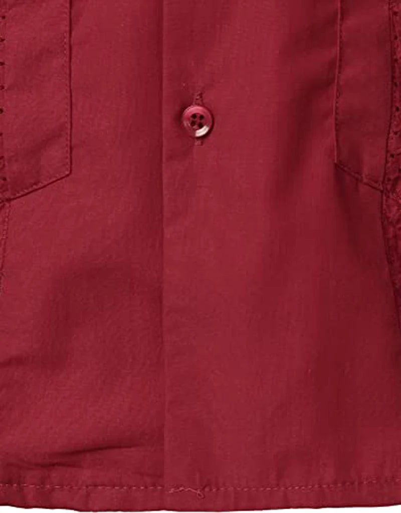 Wine Red Four-Pocket Cuban Guayabera Shirt Men Short Sleeve Camp Collar Shirt Male Embroidered Mexican Cigar Wedding Beach Shirt