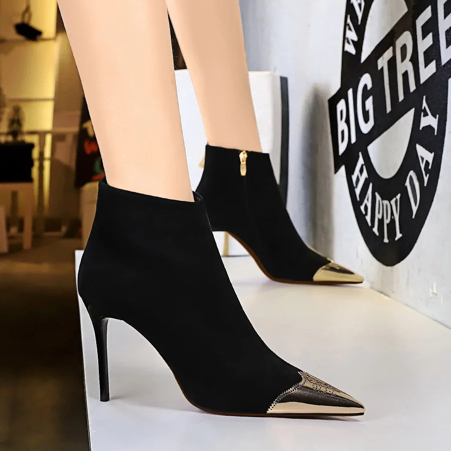 Women Ankle Length Flock Boots Winter Pointed Toe Thin Heels High Heel Shoes Ladies Side Zippper Ankle Boots 173-1