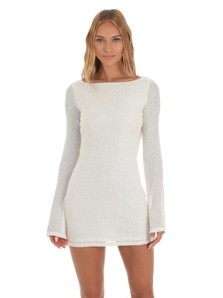Sexy O Neck Backless Shining Sequin Short Dress Women Long Sleeve  Bodycon Mini Dress 2024 Chic Lady Club Party Evening Vestido