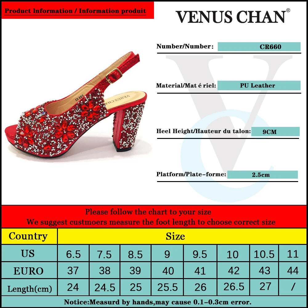 Venus Chan African Fashion Wedding High Heel Sandals 2022 Italian Full Diamond Design Red Color Party Women Shoes