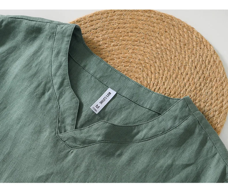 Summer New 100% Linen Short Sleeve T Shirt for Men Casual Thin Solid Color Slim Men Clothing BL998