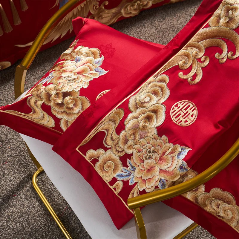 Luxury Gold/Red Loong Phoenix Embroidery Chinese Wedding Tassels Egyptian Cotton Bedding Set Duvet Cover Bed Sheet Pillowcases