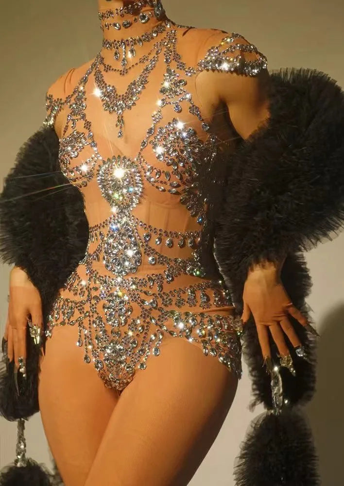 Sparkly Rhinestones Bodysuit Women 2024 Sexy Mesh Transparent Dance Outfit Performance Costume Singer Party Club Show Stage Wear
