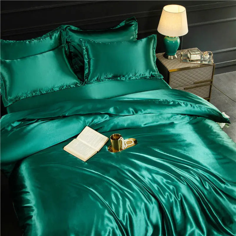 Nordic Silk Bedding Set with Duvet Cover Bed Sheet Pillowcase Luxury Couple Single Double Summer Home Textile Solid Bedsheet