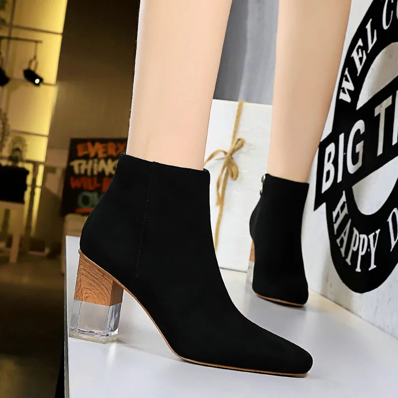 Women Ankle Length Flock Boots Fashion Square Toe High Heel Shoes Winter Ankle Boots Ladies Shoes 298-2