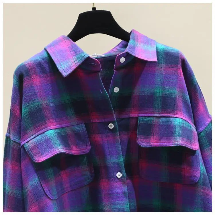 Fashion Women's Blouses Contrasting Colors Plaid Polo-Neck Shirt Female 2022 Autumn Korean Loose Long Sleeve Casual Pockets Tops