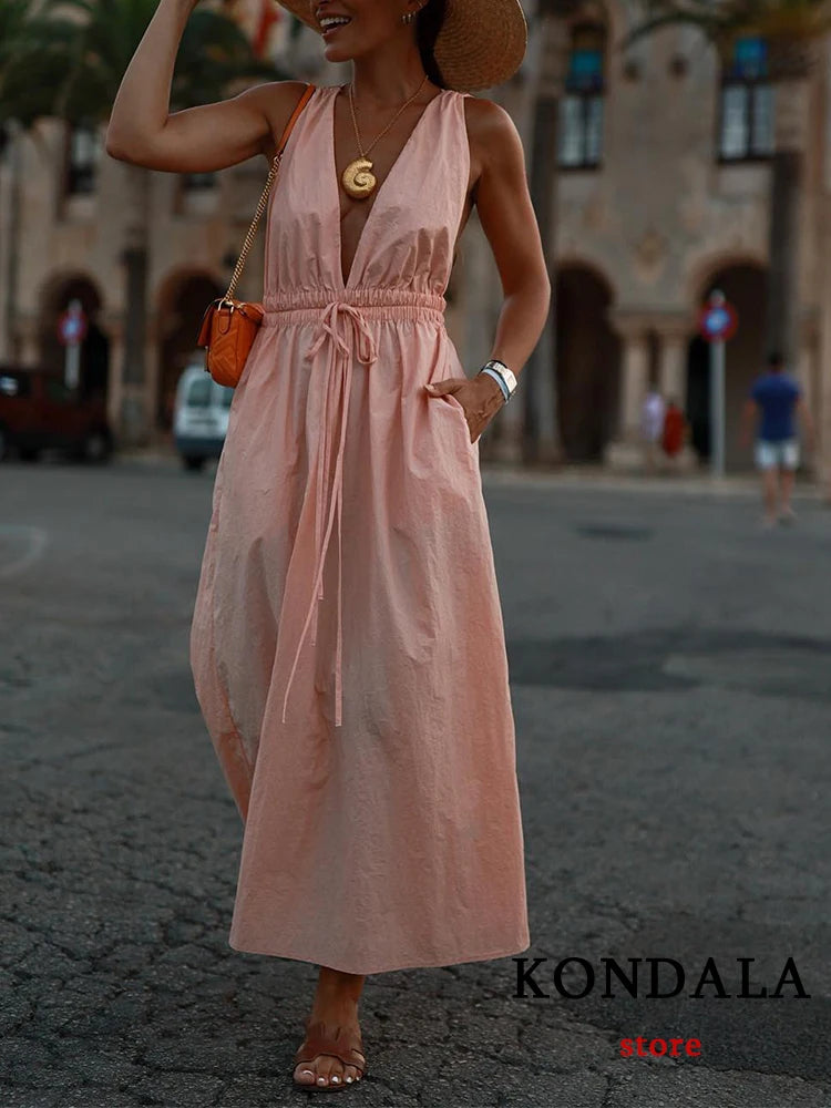 KONDALA Sexy Deep V Neck Loose Long Dress Women Sleeveless Backless Elastic Nylon Dress Fashion 2023 Summer Holiday Dress