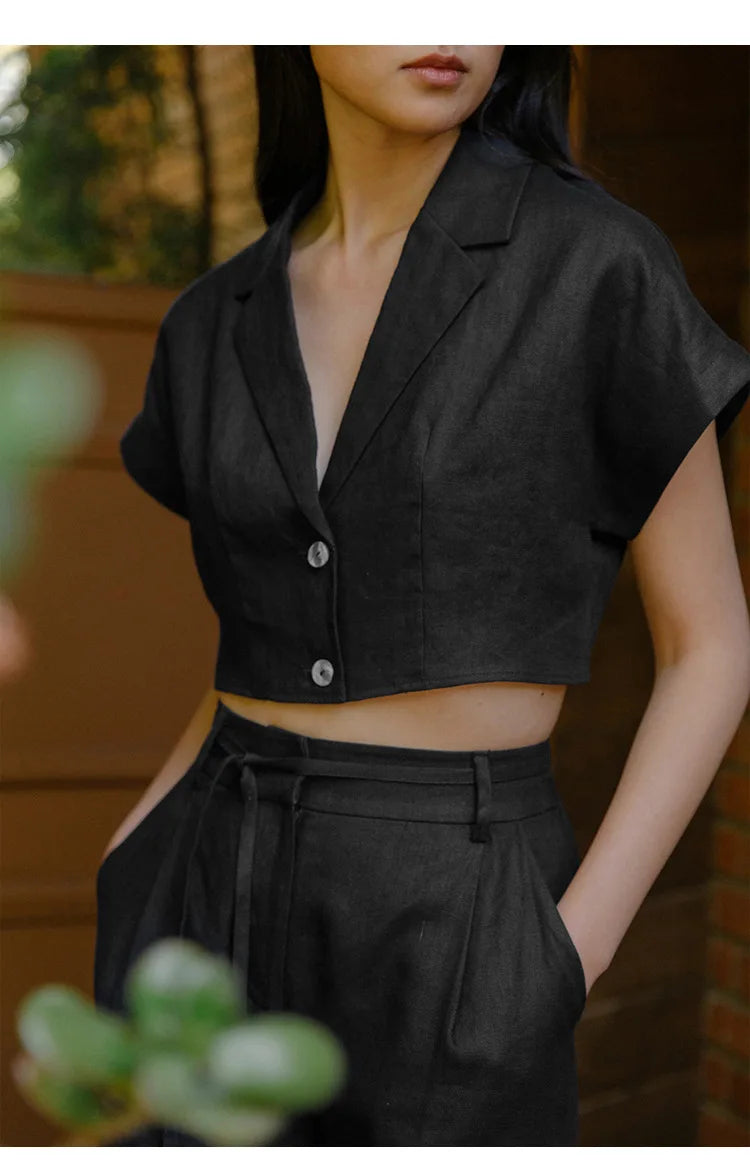 100% Linen Women'S Shirt Vintage Notched Collar Short Sleeve Button Up Shirts Elegant Fashion Woman Blouses 2024 Blusas Feminina