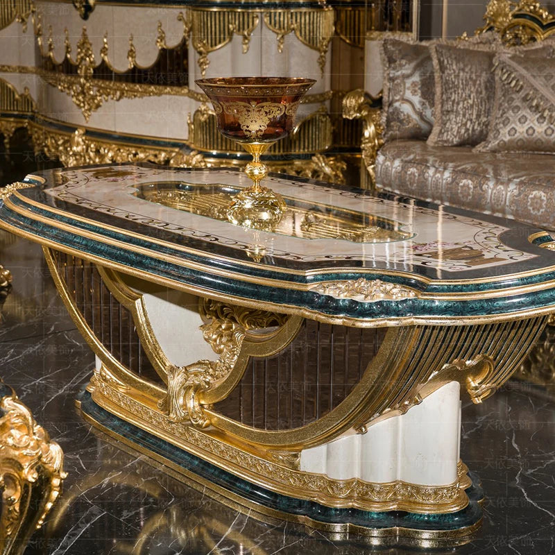 European-style palace sofa solid wood gold foil luxury sofa large villa living room sofa coffee table combination high-end