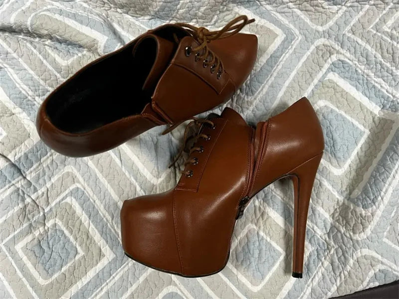 Onlymaker Women Platform Lace Up Chocolate Ankle Boots High Heels Stiletto Big Size  Side Zip Lady Fashion  Booties