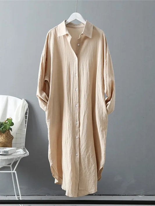 Women Loose Cotton Linen Cardigan Long Shirts Casual Blouses Female Fashion Elegant Outerwear Monochromatic Tee Clothes Summer