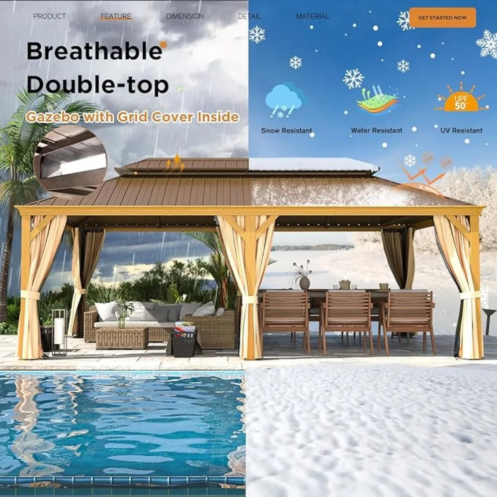 14 'x 22' wooden hardtop pavilion, galvanized steel double-layer roof, aluminum frame, with mesh and curtains