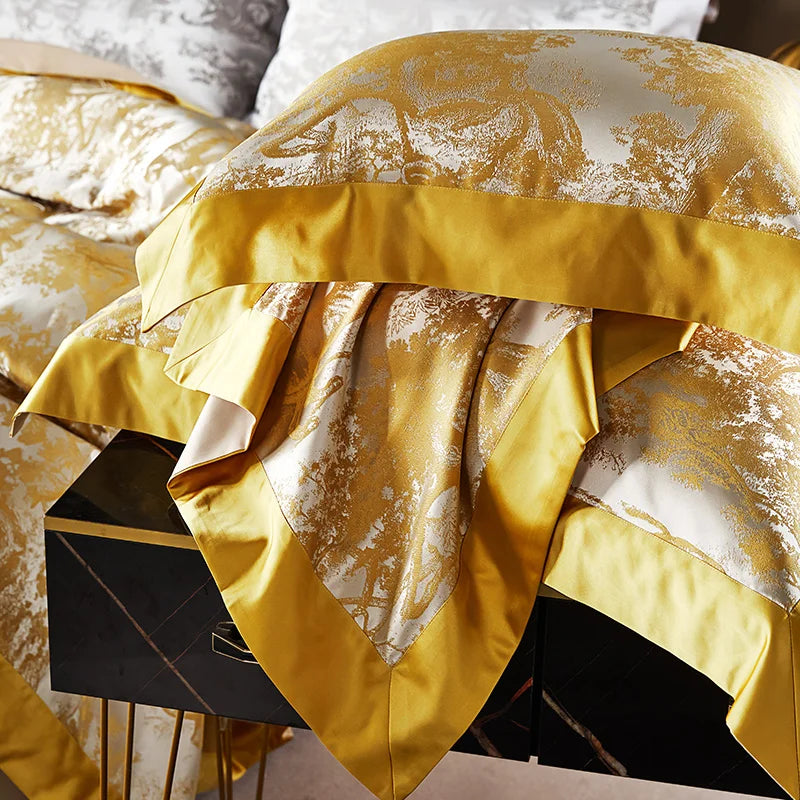 Luxury Golden Brocade Jacquard Cotton Bedding Set Duvet Cover Linen Fitted Sheet Pillowcases Home Textile