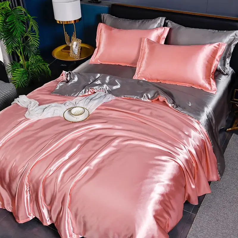 Nordic Silk Bedding Set with Duvet Cover Bed Sheet Pillowcase Luxury Couple Single Double Summer Home Textile Solid Bedsheet