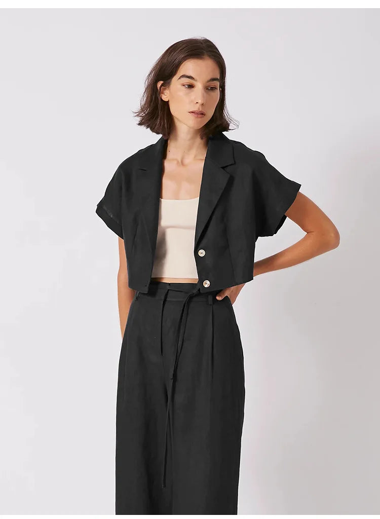 100% Linen Women'S Shirt Vintage Notched Collar Short Sleeve Button Up Shirts Elegant Fashion Woman Blouses 2024 Blusas Feminina