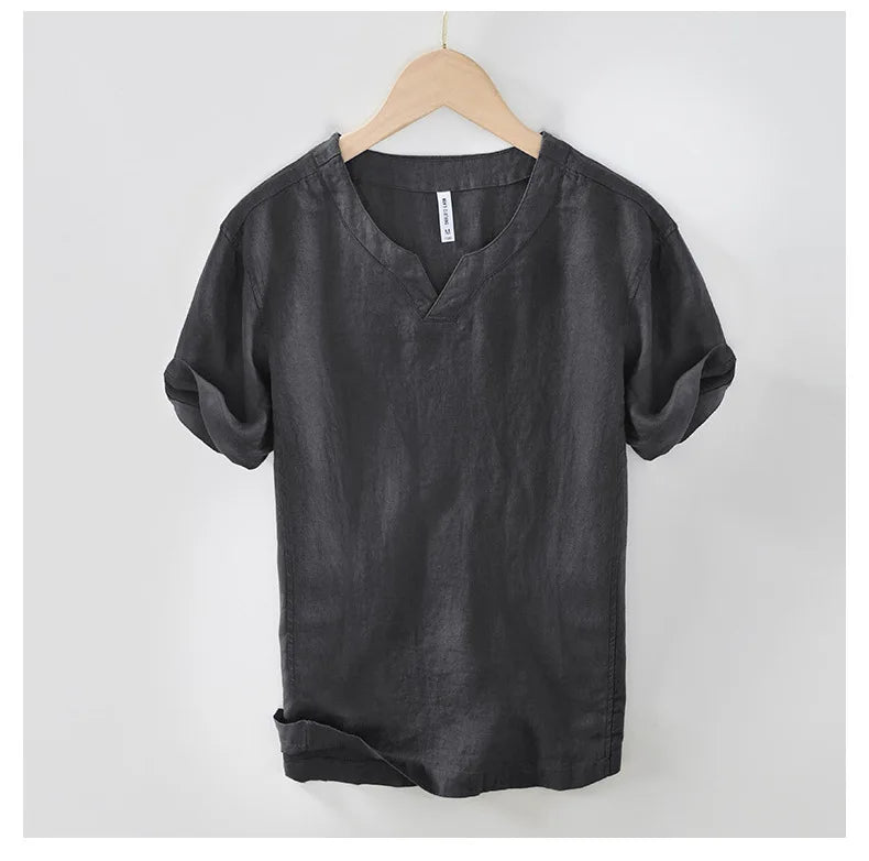 Summer New 100% Linen Short Sleeve T Shirt for Men Casual Thin Solid Color Slim Men Clothing BL998