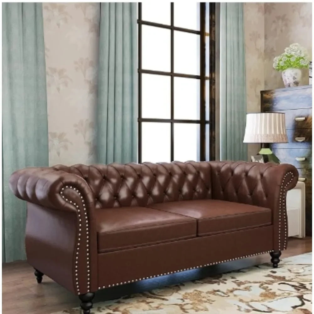 2 Piece Living Room Set, Chesterfield Leather Sofa Loveseat Couch Chair with Scroll Arms and Nailhead for Living Room, Sofa