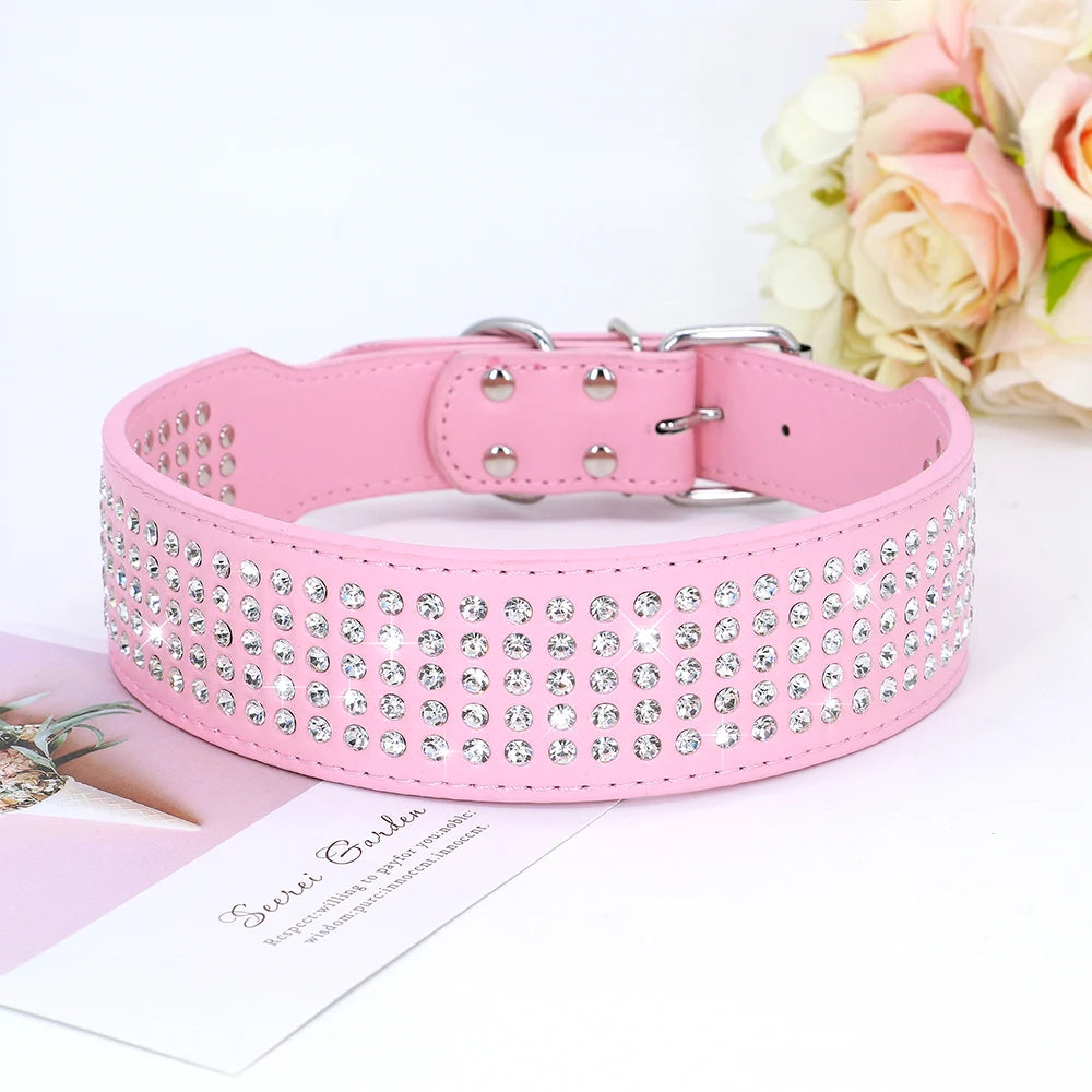Rhinestone Wide Dog Collar Sparkly Crystal Large Dog Collars Diamonds PU Leather Collars for Small Medium Large Dogs 5cm Width