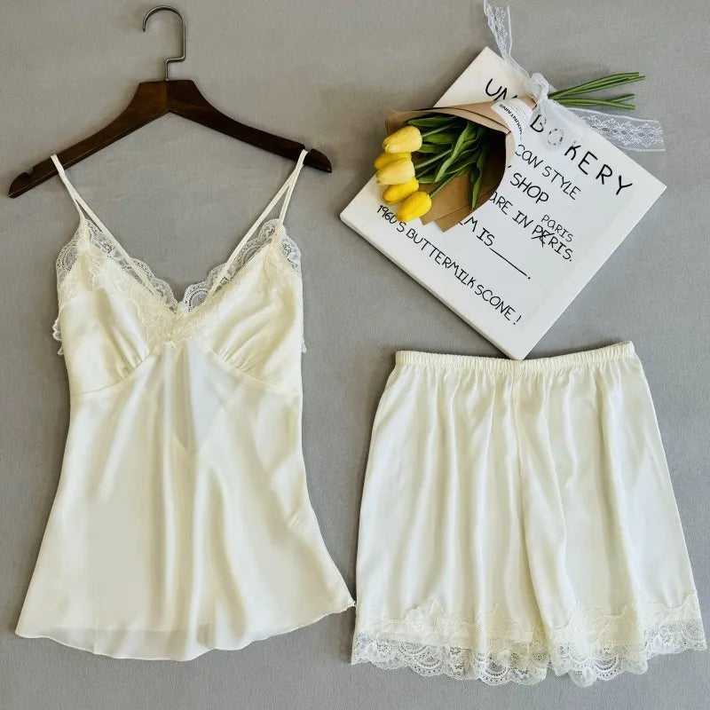 Wedding Bridesmaid Team Pajamas Set Lace Patchwork Home Clothes Ice Silk Pyjamas Suit Women Sleepwear Sexy Cami Top&pants