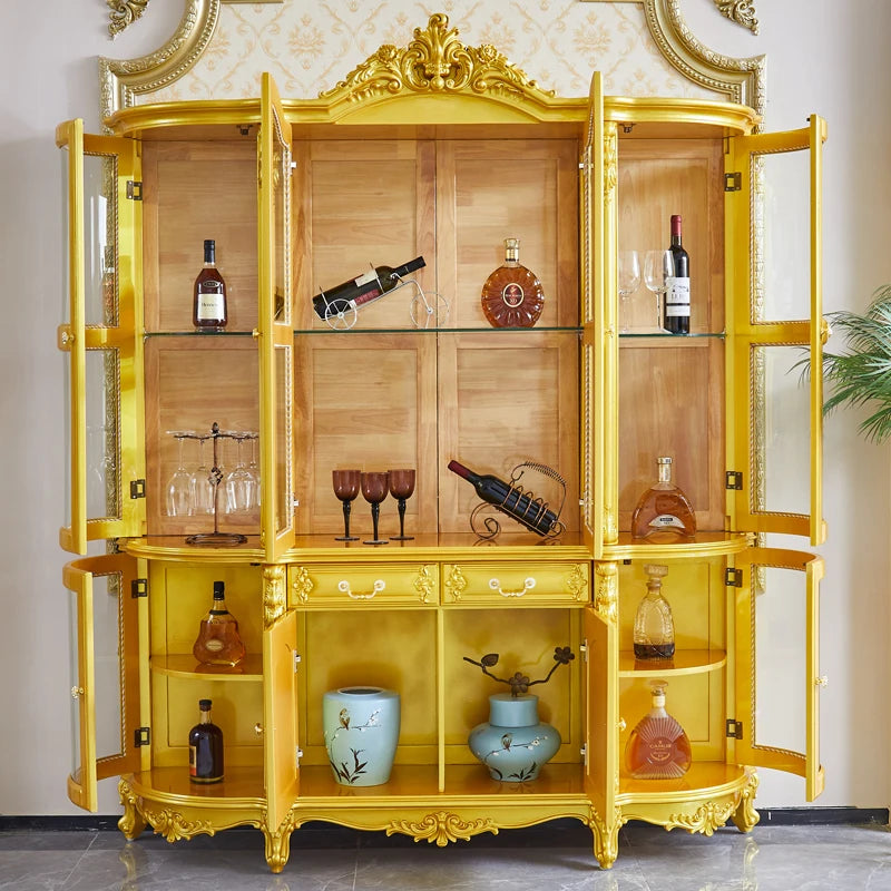 Wine cabinet solid wood four-door multifunctional locker arc high-grade villa decorative cabinet gold living room