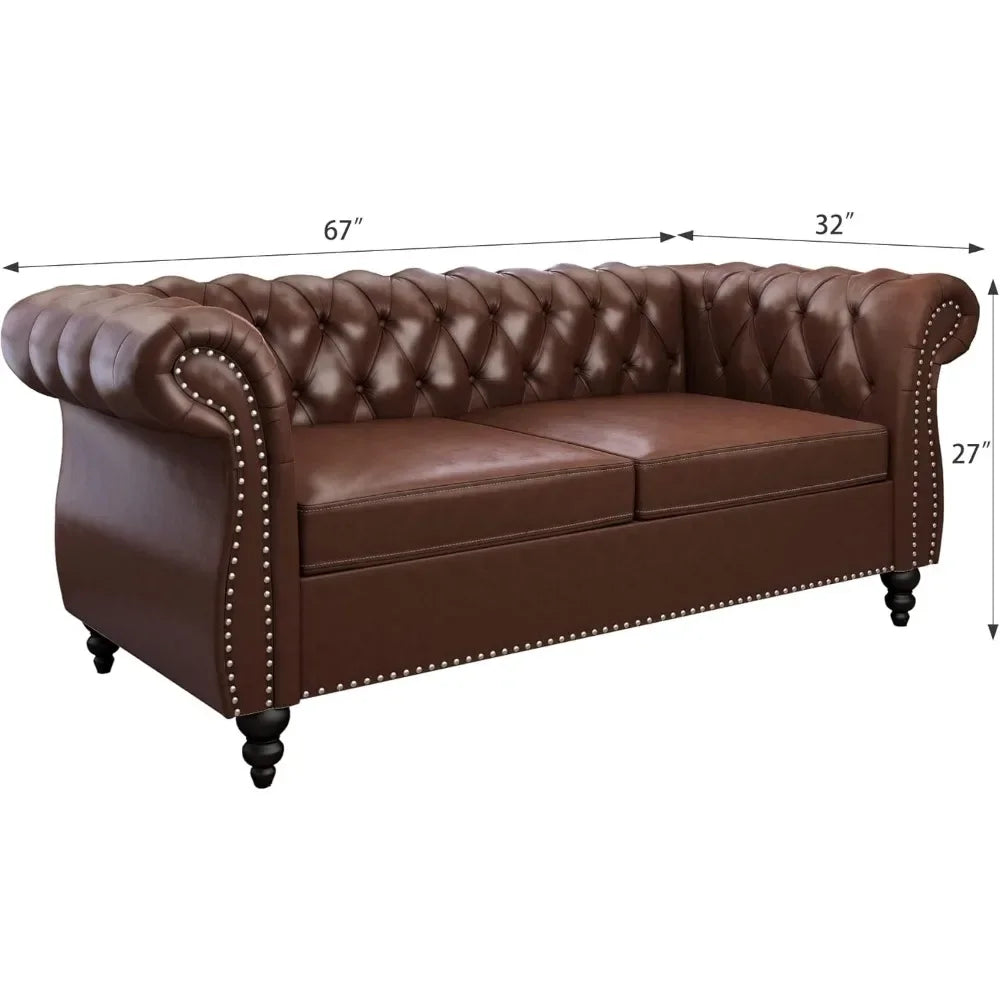 2 Piece Living Room Set, Chesterfield Leather Sofa Loveseat Couch Chair with Scroll Arms and Nailhead for Living Room, Sofa