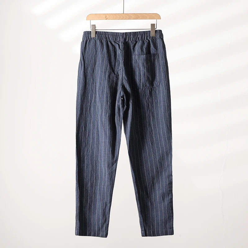 Cotton and Linen Comfortable Men's Fashion Trend Summer Pure Straight Stripe Thin Breathable Solid Color Loose Casual Pants