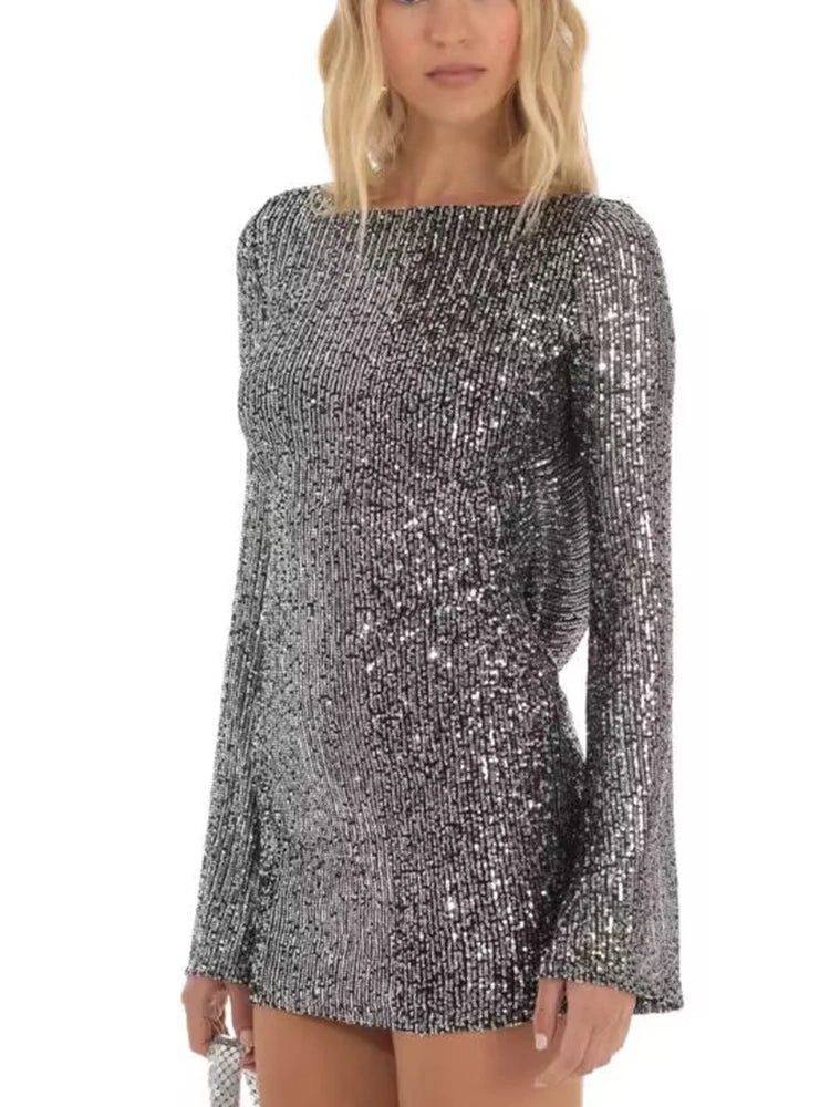 Sexy O Neck Backless Shining Sequin Short Dress Women Long Sleeve  Bodycon Mini Dress 2024 Chic Lady Club Party Evening Vestido
