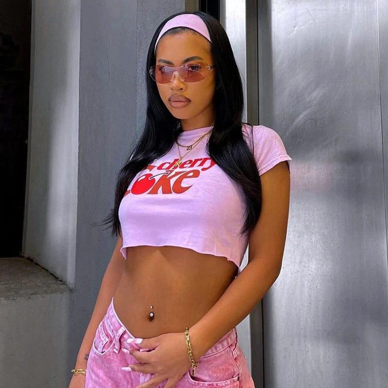 Summer Kawaii Sleeve Tee Vintage Graphic T-shrit Women's clothing Cartoon Cherry Print Accessories Y2k Clothing Cropped Top Tees