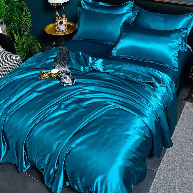Nordic Silk Bedding Set with Duvet Cover Bed Sheet Pillowcase Luxury Couple Single Double Summer Home Textile Solid Bedsheet